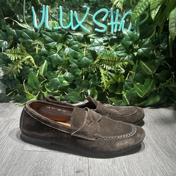 Santoni Fatte a Mano Made in Italy Chocolate Suede Penny Loafers Mens Size 12
